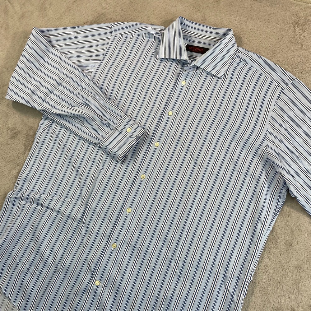 ETRO Dress Shirt Men 44 17 XL Blue Striped Spread Collar Made in Italy Designer